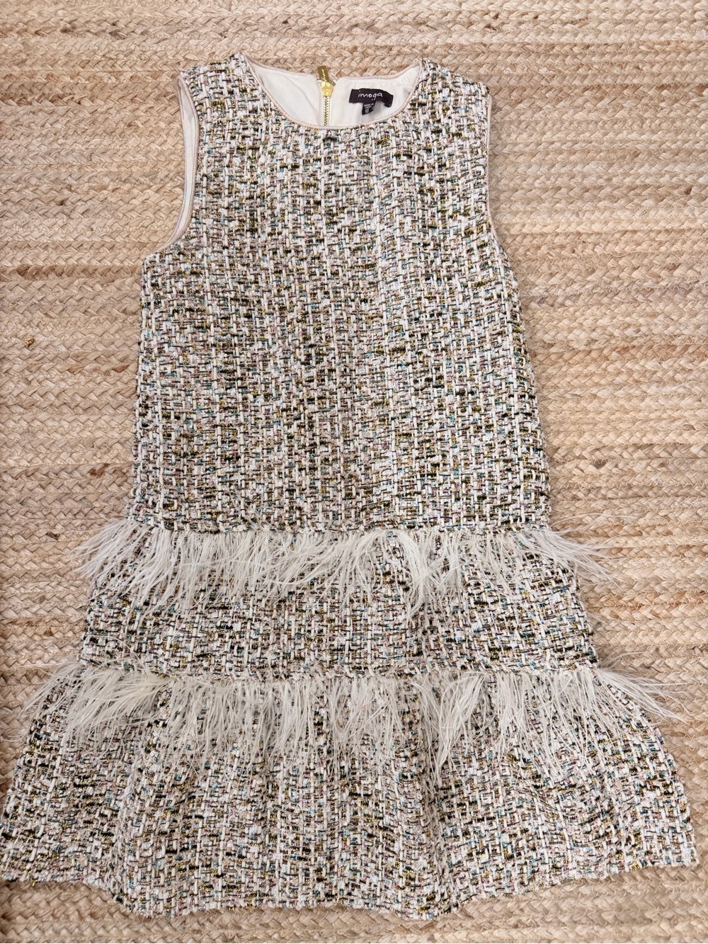Imoga Ivory Multicolor Tweed Dress with Feather Trim
